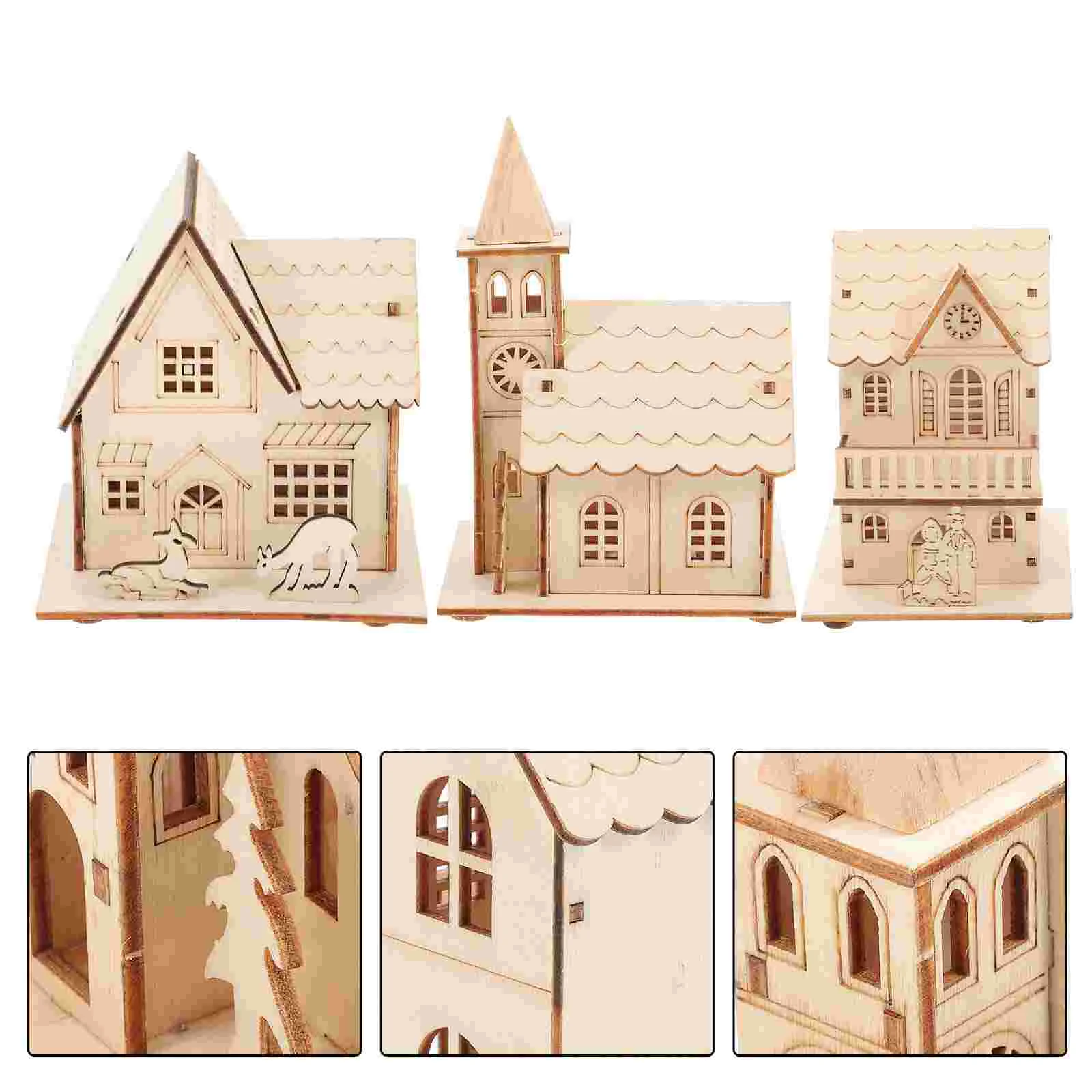 

3 Pcs Set Tablescape Decor Xmas Adornment Window Wood House Ornament Wooden Christmas Decors