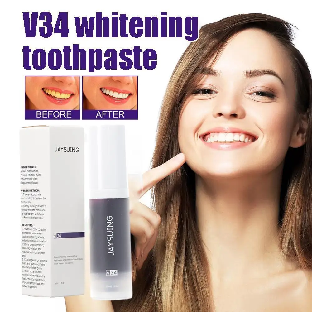 

V34 Tooth Color Corrector Whitening Toothpaste 30ml Teeth Deep Cleaning Brightening Gel Mousse Remove Yellow Stain Gum Oral Care