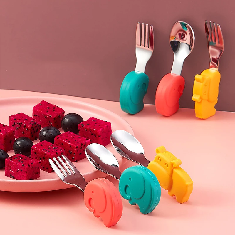 

Baby Gadgets Tableware Set Children Utensil Stainless Steel Toddler Dinnerware Cutlery Cartoon Infant Food Feeding Spoon Fork