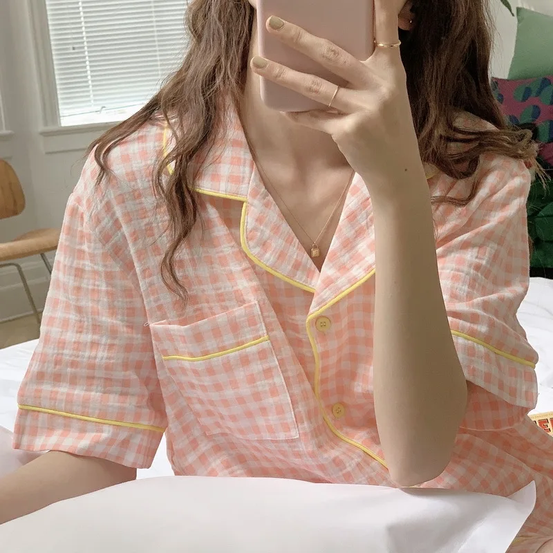 QWEEK Pyjamas Women Striped Plaid Cotton Pijamas Sleepwear Pajamas for Teen Girls Soft and Comfortable Summer Lounge Wear Pizama