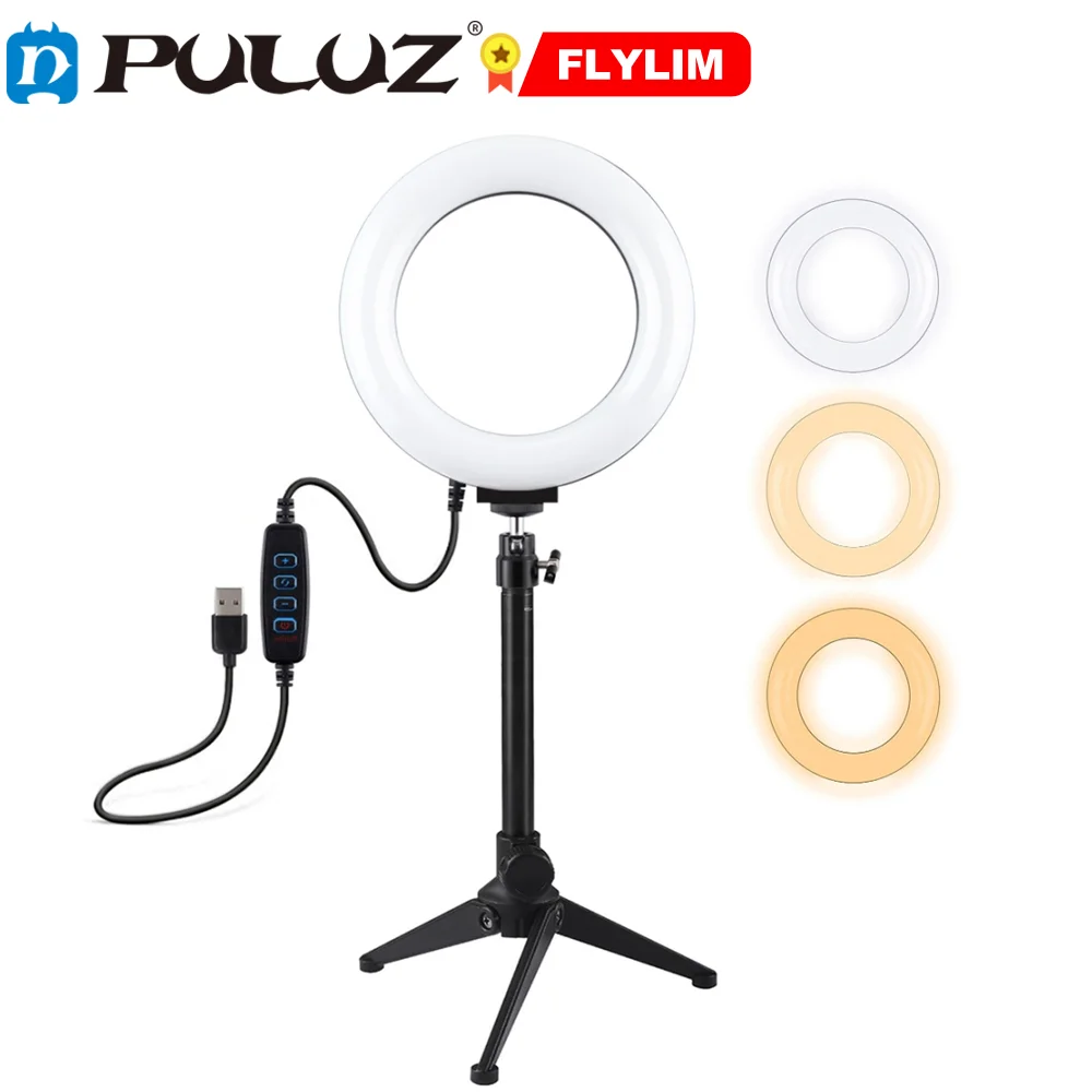 

PULUZ 3 Modes Dimmable LED Ring Vlogging Vlog Video Photography Lights Desktop Tripod Holder Cold Shoe Tripod Ball