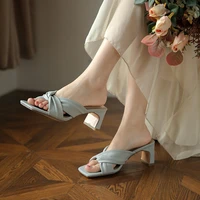 summer new elegant high heel women slippers fashion sandals ladies casual square head thick heel cross strap sandals female