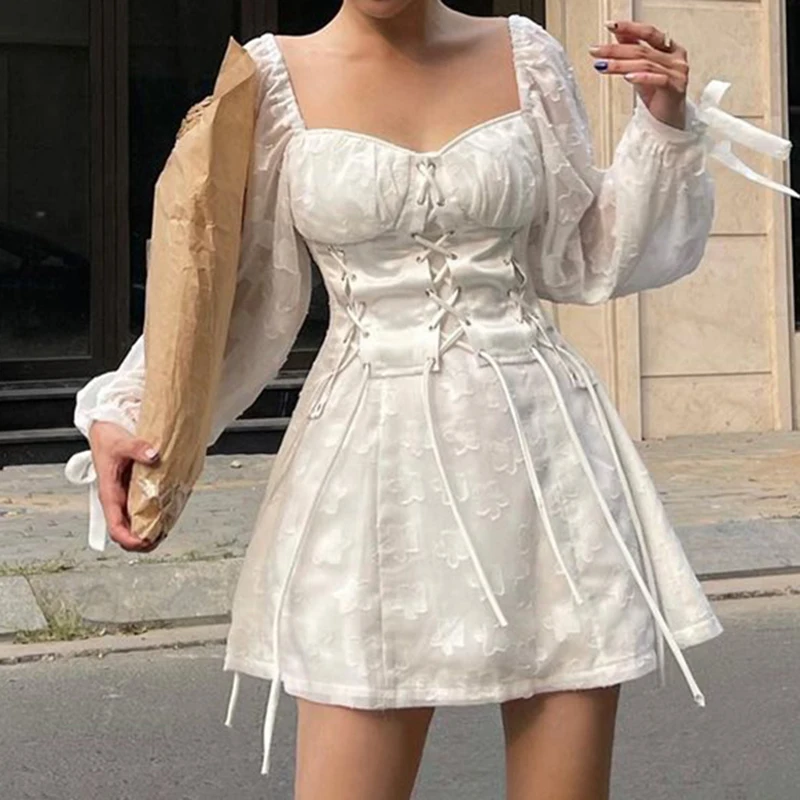 

Y2K Vintage Hook Lace White A-line Dress Elegant Lady Square Collar Puff Long Sleeve High Waist Bandage Mini Dress Women Clothes
