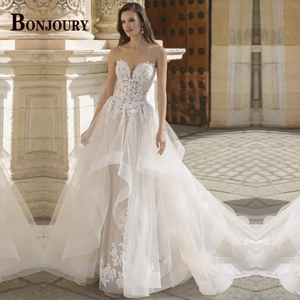 

Женское винтажное свадебное платье BONJOURY, плиссированное платье для невесты без рукавов с аппликацией, индивидуальный пошив, 2023