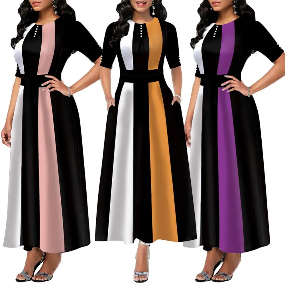 

Elegant Women Short Sleeve Dress Evening Party Color Block Patchwork Buttons Decor Waist Tight Maxi Dress