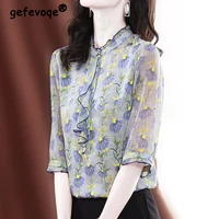 elegant fashion vintage floral printed shirt spring summer 2022 stand collar three quarter sleeve pullover tops womens clothing