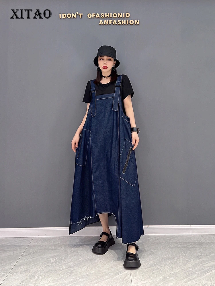 

XITAO Denim Strap Dress Fashion Casual Solid Color All-match Temperament Long Sleeveless Loose New Arrival Women WLD6796