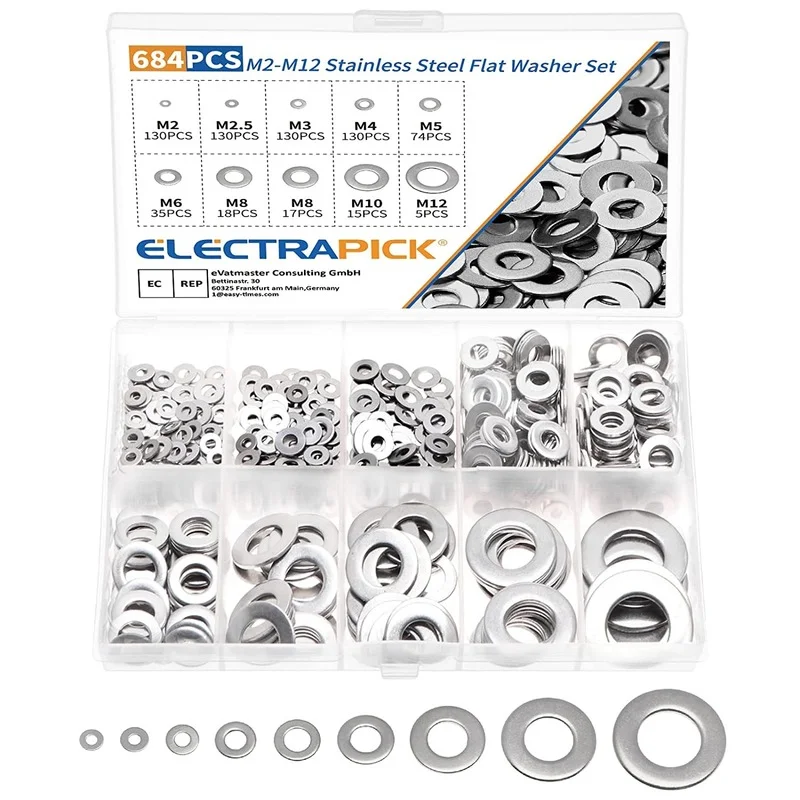 

ELECTRAPICK 684pcs Flat Washers Stainless Steel Round Repair Washer Assortment Flat and Lock Gasket Kit 9 Sizes M2—M12