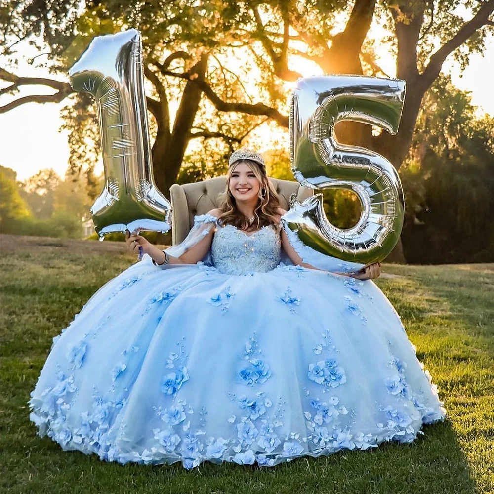 

Sky Blue Quinceanera Dresses Mexican Sweetheart Off-The-Shoulder Applique Ball Gowns With Cape A-Line Puffy Vestidos De XV Anos