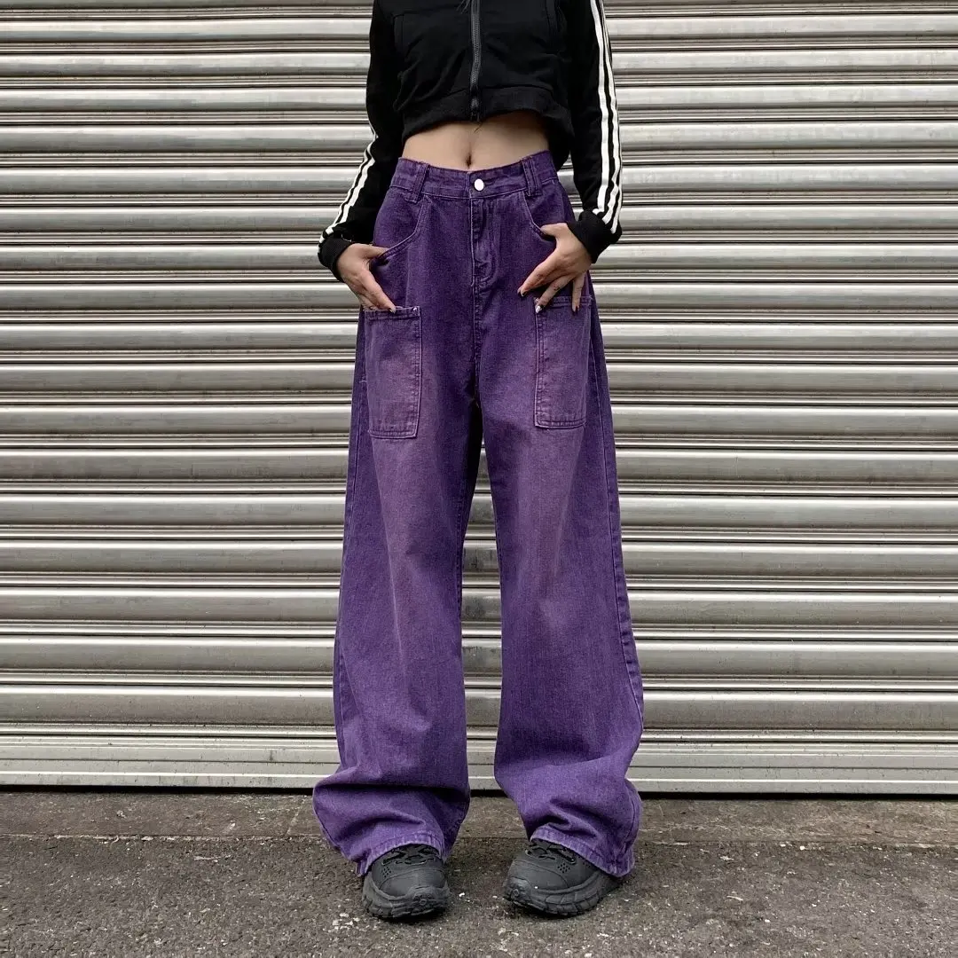 

Women's Jeans Baggy Vintage Straight High Waist Korean Fashion Streetwear Casual Pants Femme Wide Leg Purple Mom Denim Trouser