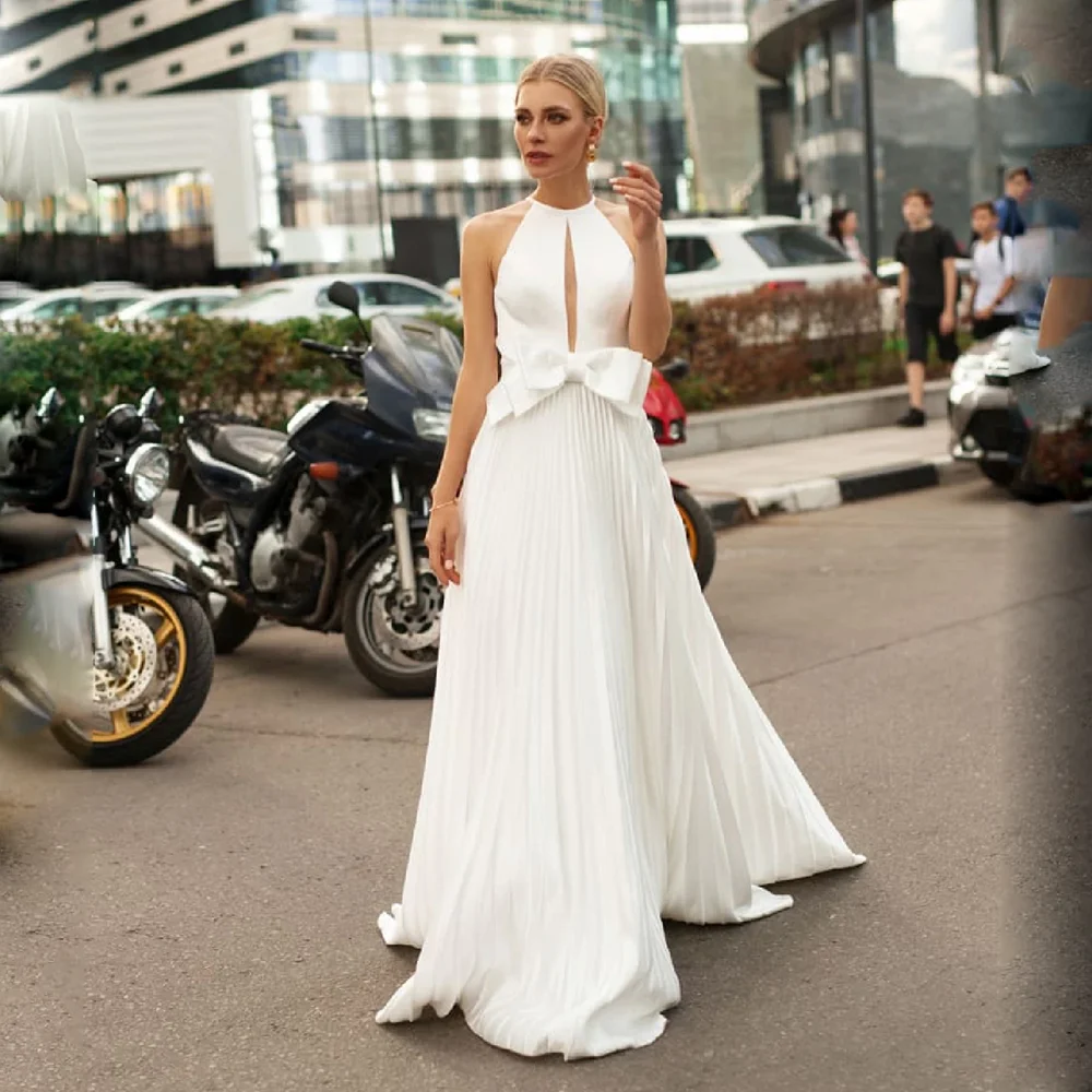 

Simple Satin Sleeveless Bridal Dress Backless Bow Sweep Wedding Dress Pleated White Wedding Gown vestido de noiva Custom Ma