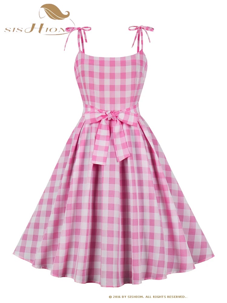 

Elegant Pink Summer Plaid Casual Party Dress Sweet Bandage Retro Vintage 50s Big Swing Pleated Vintage Rockabilly Dresses SR1023