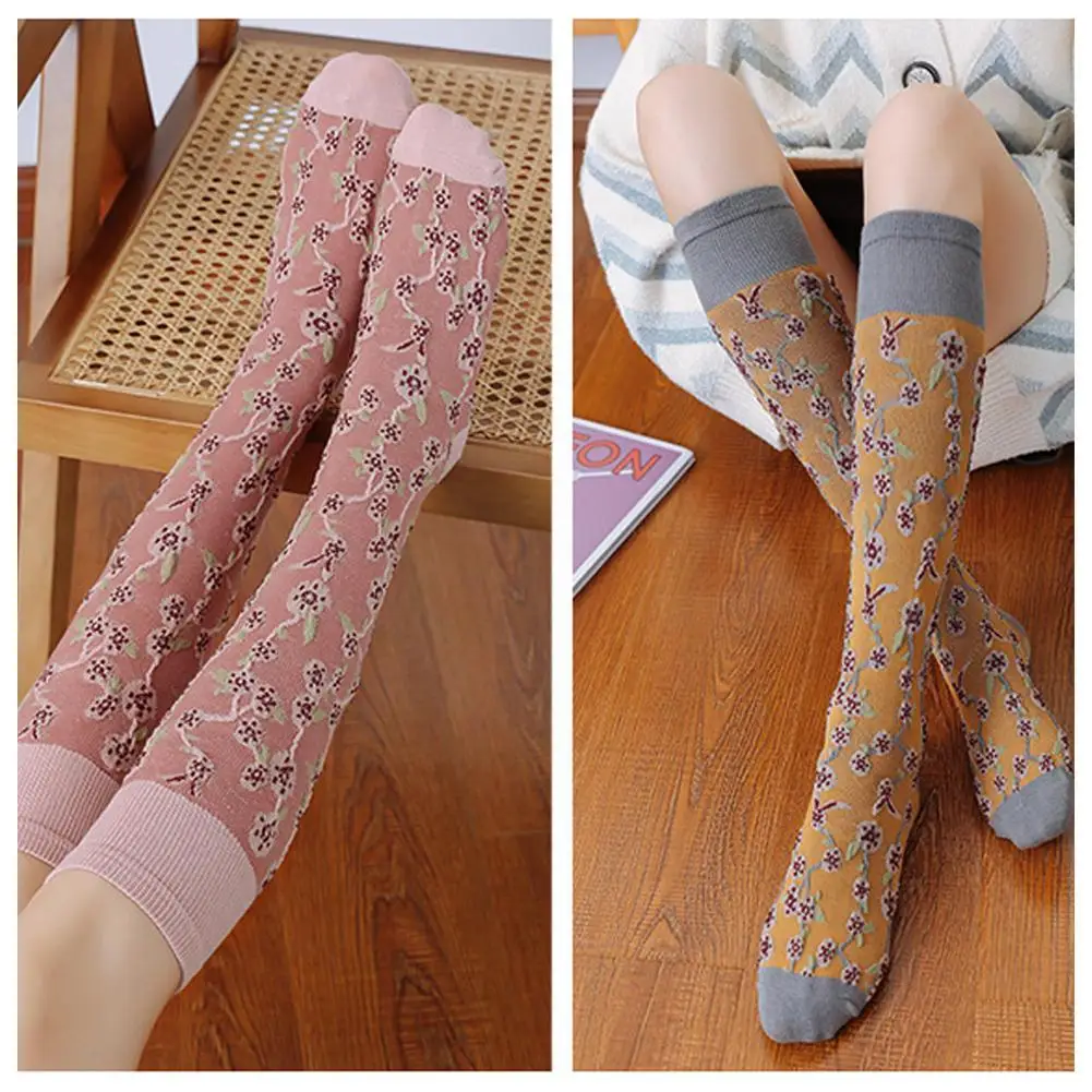 12pair Womens Floral Long Cotton Socks Vintage Embroidered Style Girls Cotton Thickened Korean Fashion Socks P3p6