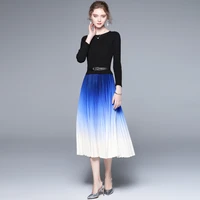 womens autumn new high end temperament round neck long sleeve knitted stitched contrast pleated fashionable holiday dress