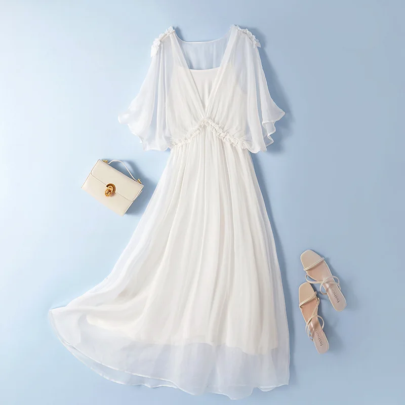 Office Lady White Dress Summer Dress Women Clothing Holiday Dresses Beach Dress Elegant Real Silk Dress for Women Vestidos Zm632