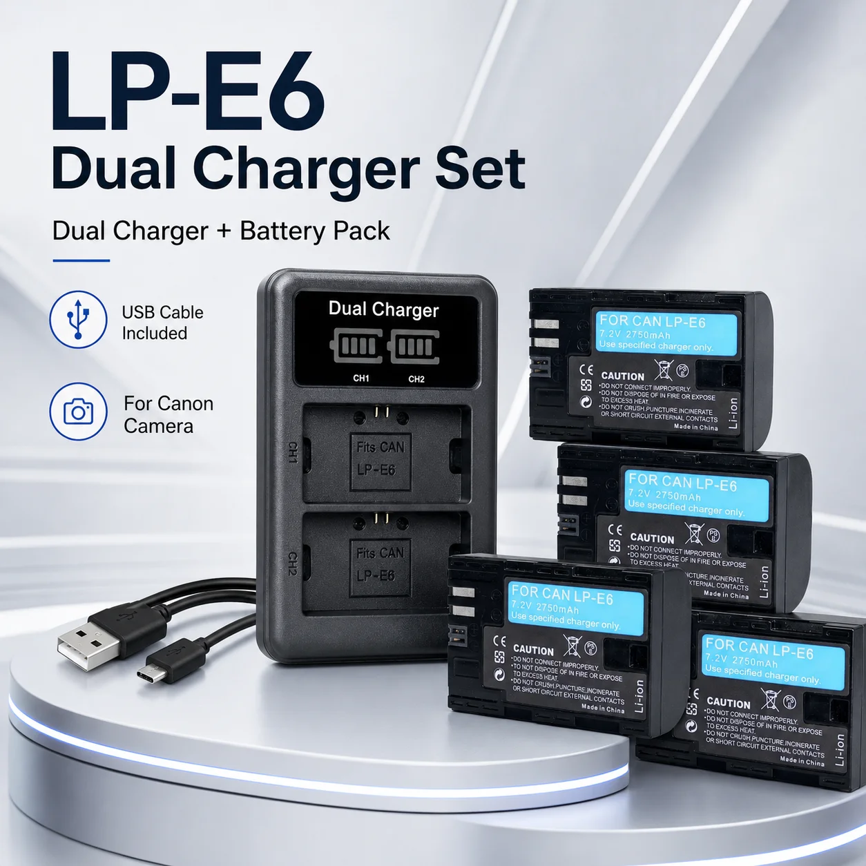 Фото Высокоемкостный аккумулятор LP-E6N 2750 мАч с двойным зарядным устройством и LED-индикатором для Canon 5D Mark II III 5DS R 6D 7D 70D 80D №1
