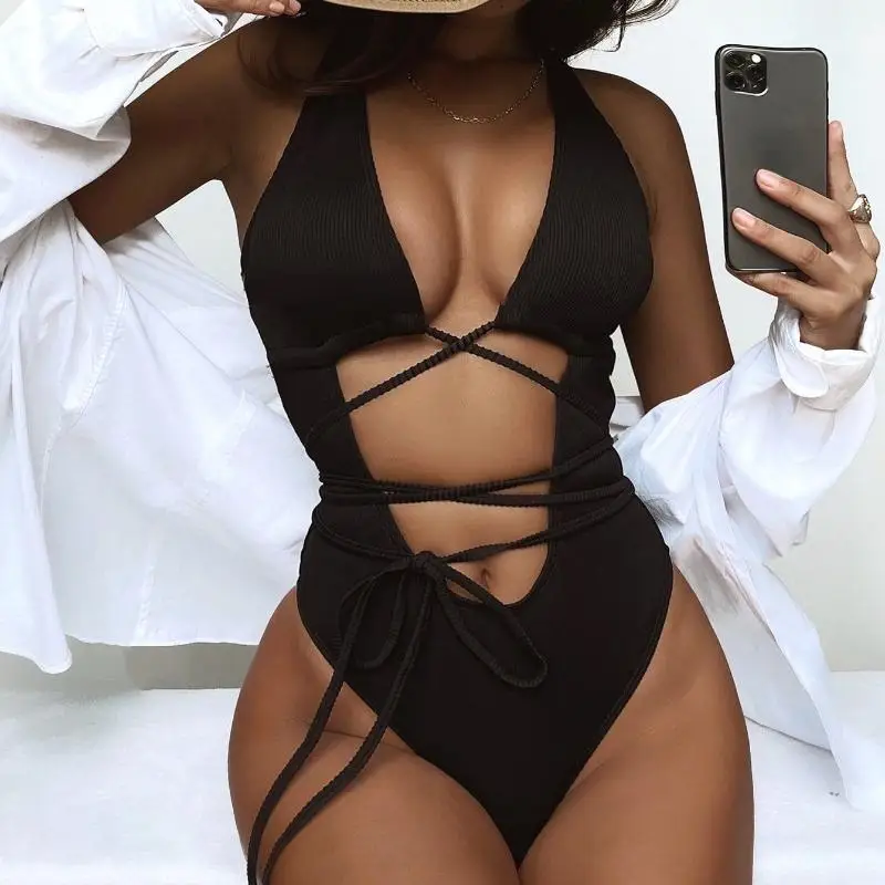 

Ladies One Piece Bikini Solid Color Cutout Tie One Piece Swimsuit