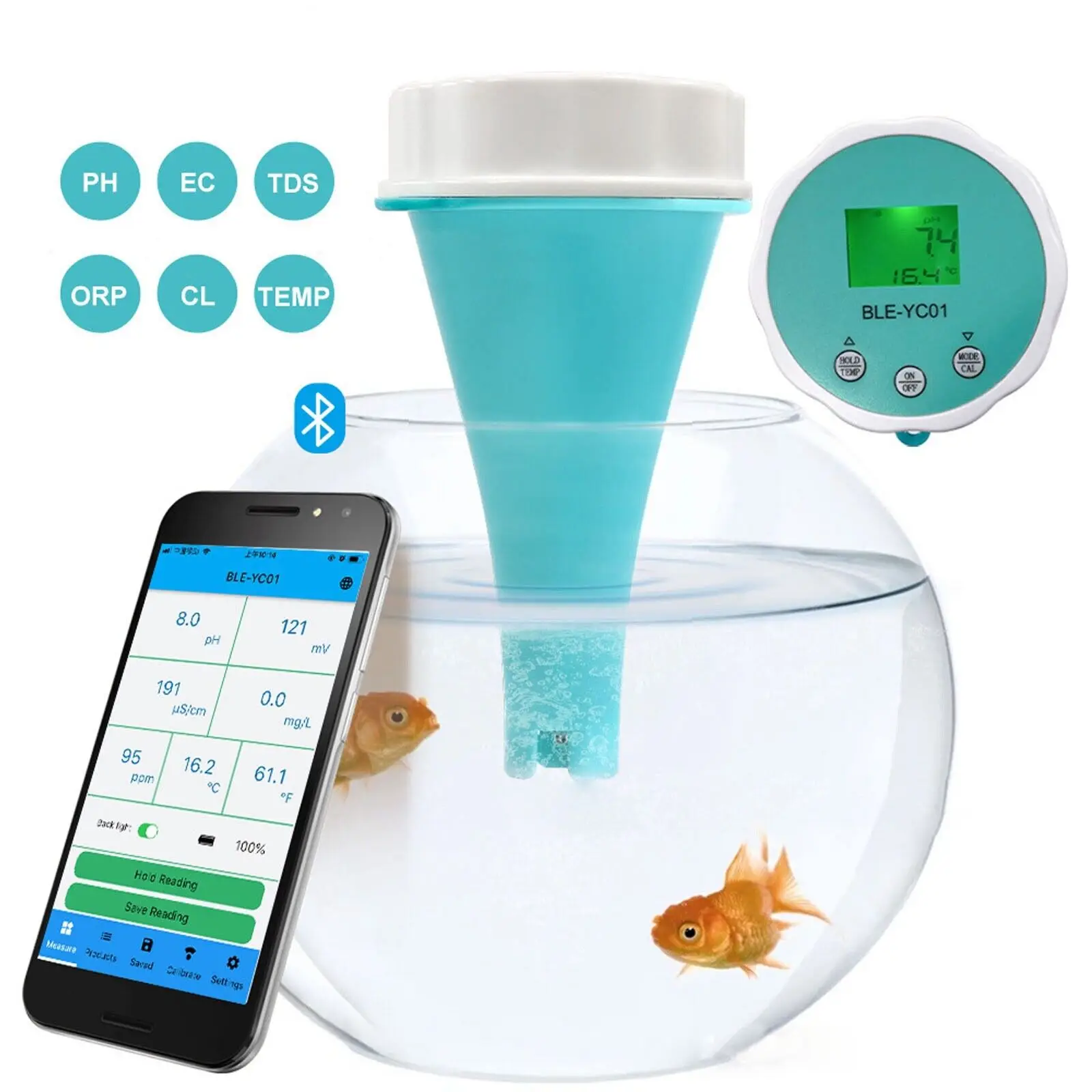 

6 в 1, флэш-PH EC TDS ORP, температура хлора, ЖК-дисплей, телефон, BT APP, удаленный просмотр, аквариум, бассейн