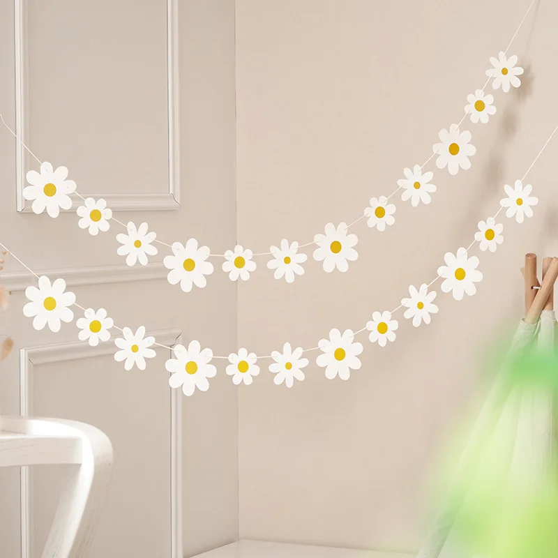 

1pcs White Small Daisy Pull Flower Happy Birthday Party Banner Decoration Baby Shower Kids Birthday Gender Reveal Decor Supplies