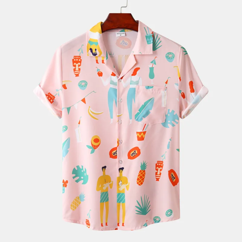 

Mens Pink Hawaiian Floral Shirt Summer Casual Short Sleeve Button Down Beach Shirts Men Party Holiday Vacation Chemise Homme 3XL