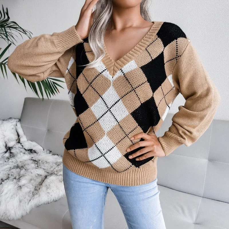 

Autumn and Winter New College Rhombus Casual Sweater Cross-Border Women's Clothing