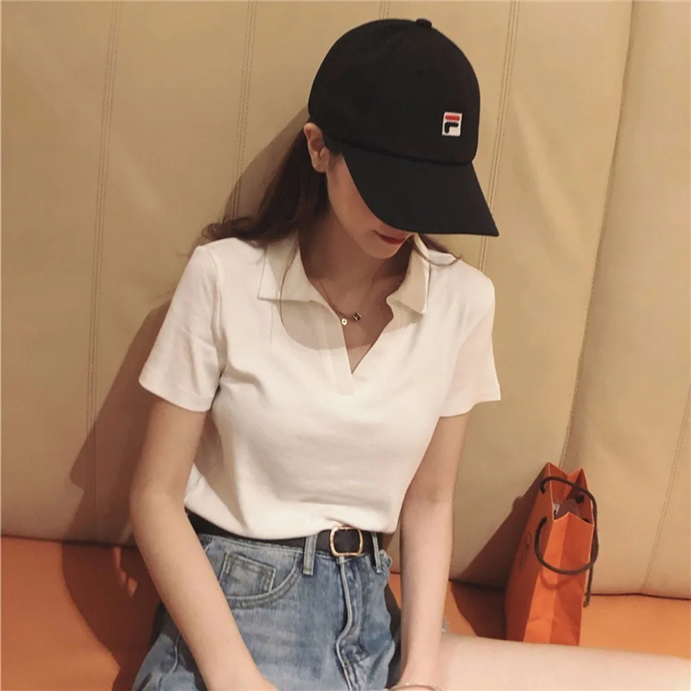 

Women Polo Crop Top Spread Collar V-neck Crop T-shirt