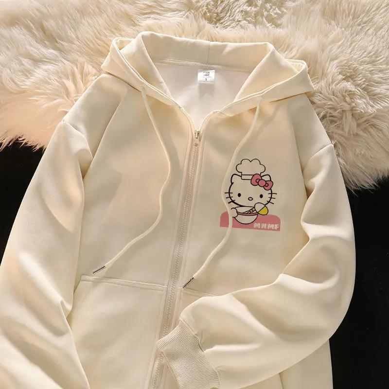 

New Kawaii Sanrio Hello Kittys Cute Anime Hoodie Ladies Spring and Autumn Jacket Cardigan Beige Tops Girls Birthday Gift
