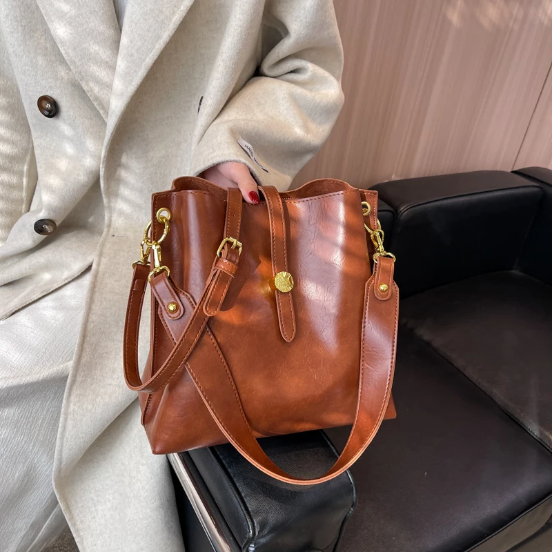 

MOODS Vintage Tote Bags For Women 2023 Latest Shoulder Bag Dual Straps Pure Color Bucket Bag Large Capacity Shopper Totes Ladies