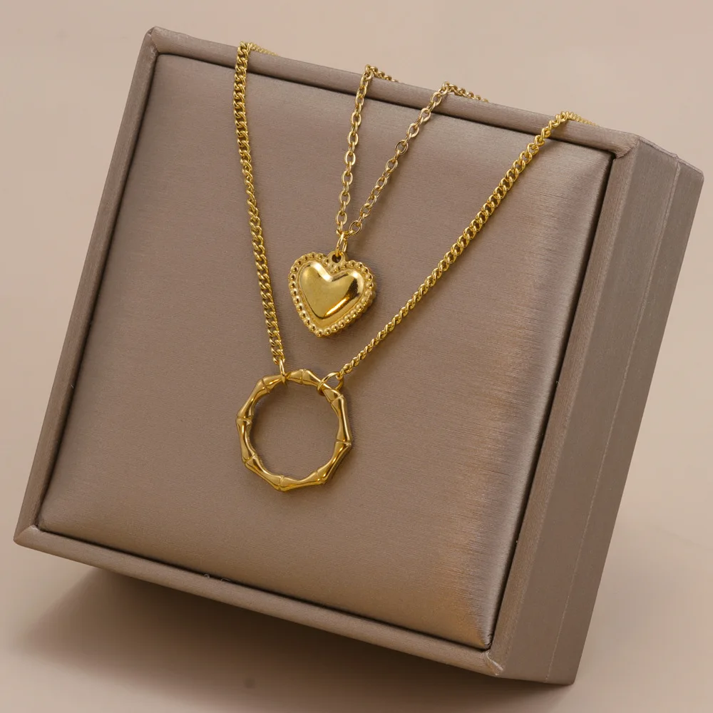 

Double Layered Wear Round Peach Heart Pendant Necklace Titanium Steel Stainless Steel Love Collarbone Chain Women's Fashion
