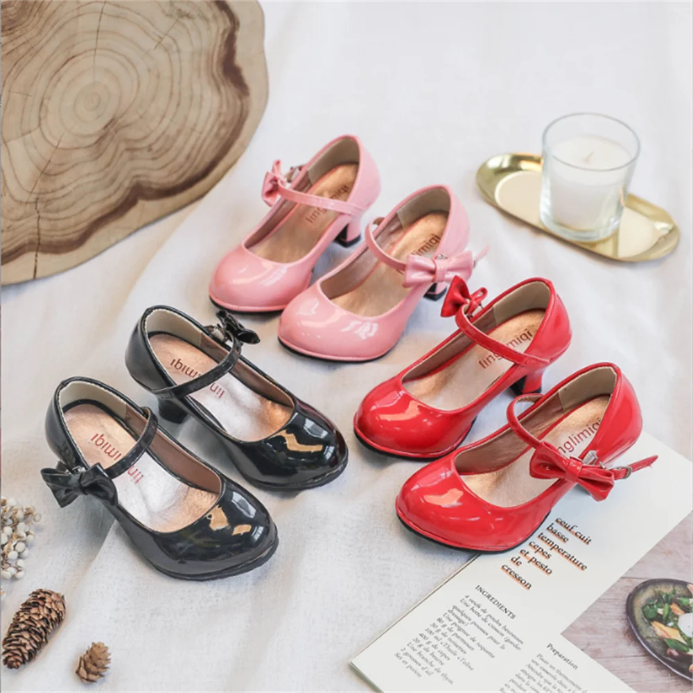 

Autumn Hot Kids Elsa Shoes For Girls Fashion Princess Leather Dance Frozen Party Bow Shoes Shiny Solid Red Color High-Heeled