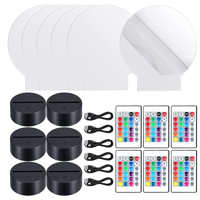 

6 Sets 3D Night LED Light Lamp Bases Adjustable 16 Colors 4 Modes Acrylic Lamp Base For Restaurant Room (Round Style)