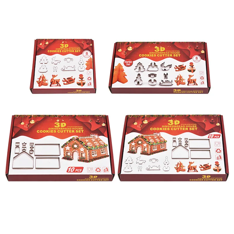 

18 шт. Рождественские 3D формочки для печенья из нержавеющей стали, формочки для выпечки, имбирный домик, формочки для печенья, инструмент для выпечки и аксессуары