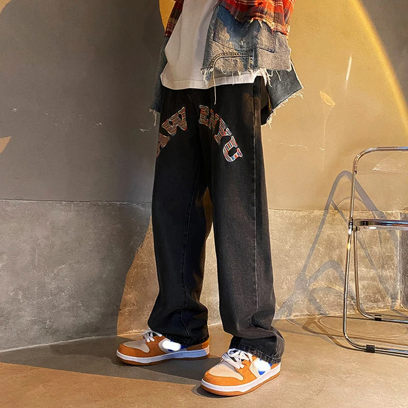 Men's Traf Embroidery Y2K Fashion Clothing Designer Streetwear Miod Waist Mopping Denim Trousers Pants Jeans For Men Teenagers