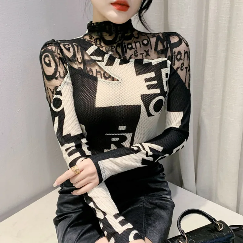 

Spring Long Sleeve T Shirt Women Hollow Out Turtleneck T-Shirt Female Tight See Through Mesh Elastic Women's T-shirt
