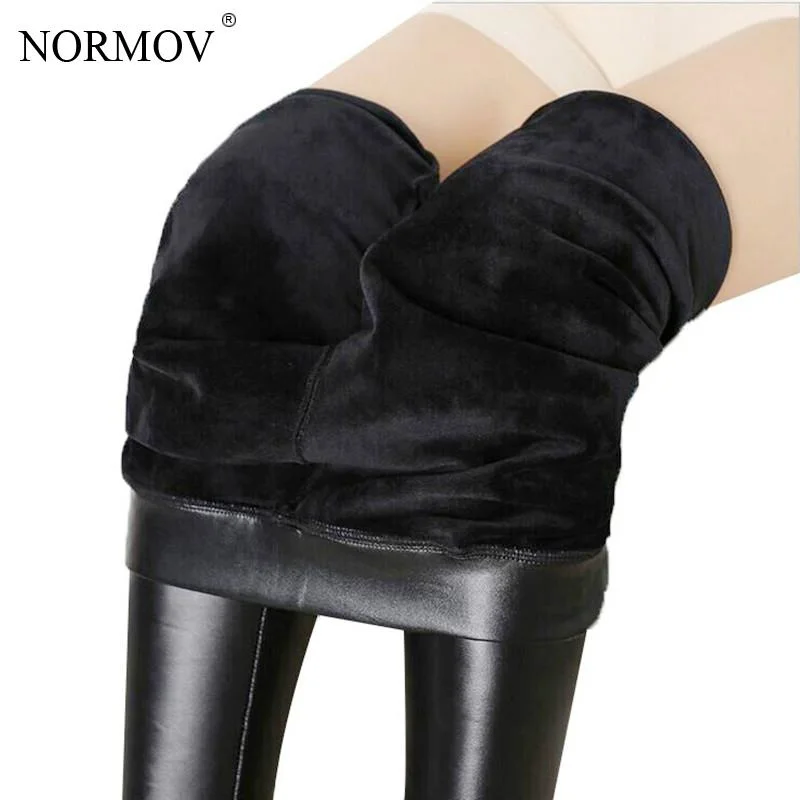 

NORMOV Women Thick Leather Leggings Winter Black High Waist Warm Legging Women Velvet Fashion Pu Leather Legging Femme
