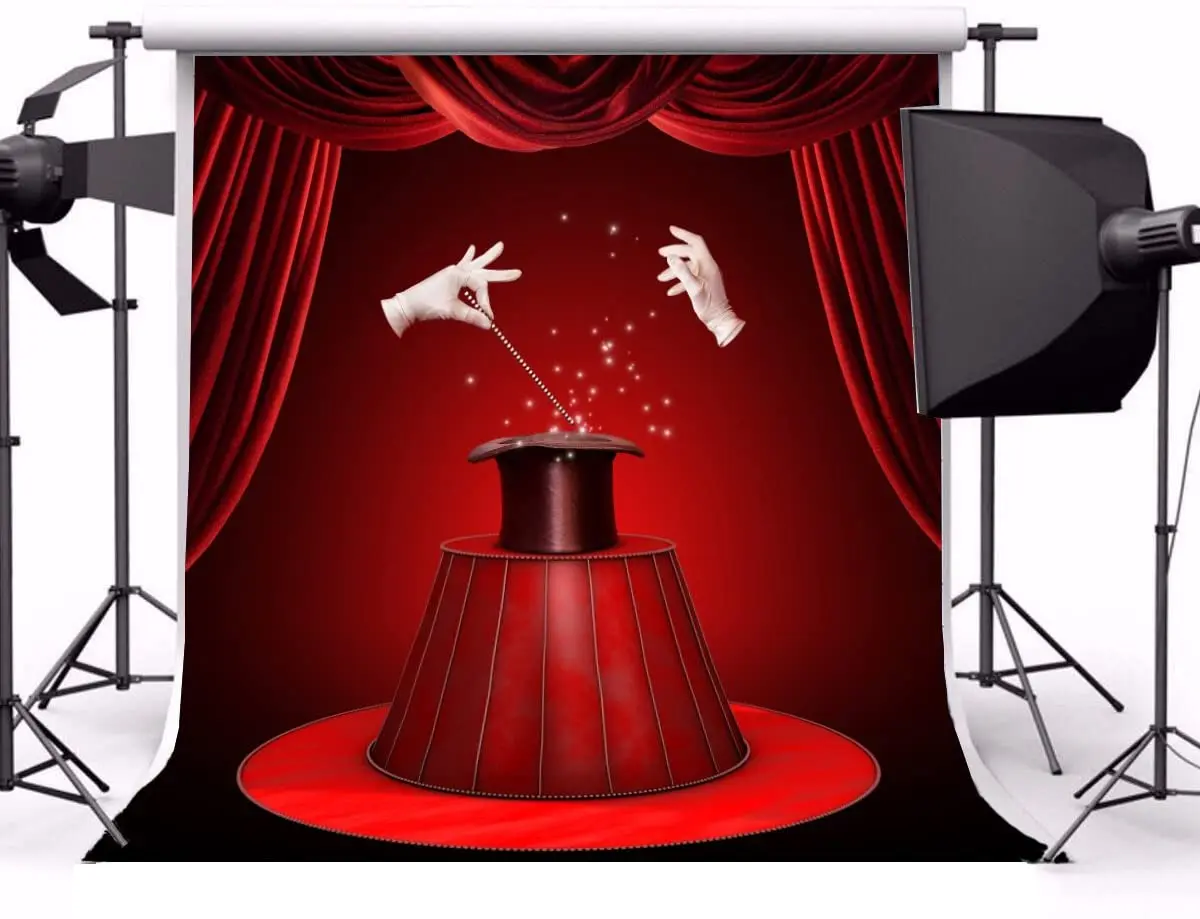 Magic Show Photography Backdrop Circus Red Curtain White Gloves Black Hat Theater Background Magician Kids Adults Photo Booth