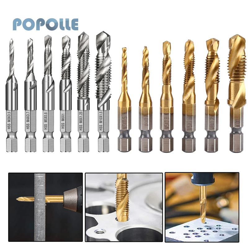 6pcs/set M3-M10 HSS Titanium-plated Tap Drill Metric Thread Multi-function Drill Tapping Chamfer Integrated Composite Tap Drill