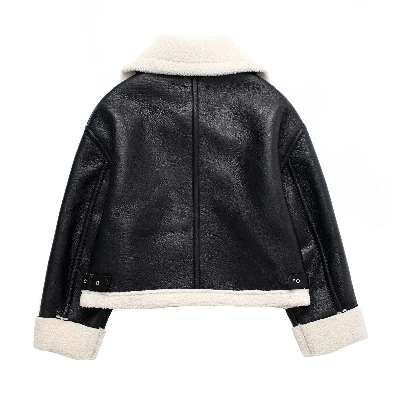 Vintage Fleece Warm Thick Faux Lamb Leather Short Jacket Fashion Solid Balck Zipper Overcoat Autumn Winter Chic Outerwear 2022