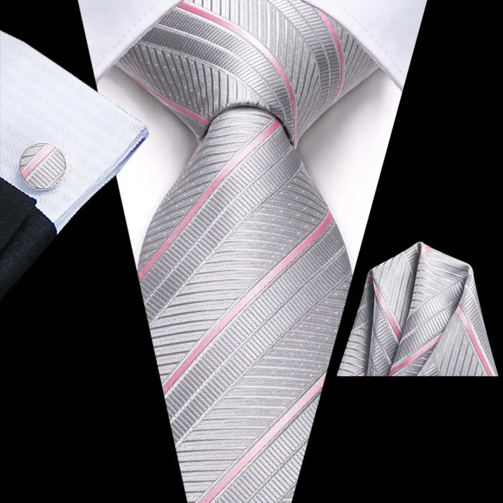 Silver Pink Striped Silk Wedding Tie For Men Handky Cufflink Gift Necktie Fashion Business Party Dropship Hi-Tie Designer |