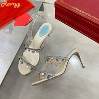 colored crystal bling bling sandals slippers slip on stiletto heel rhinestone shiny luxury shoes women fashion open toe slides