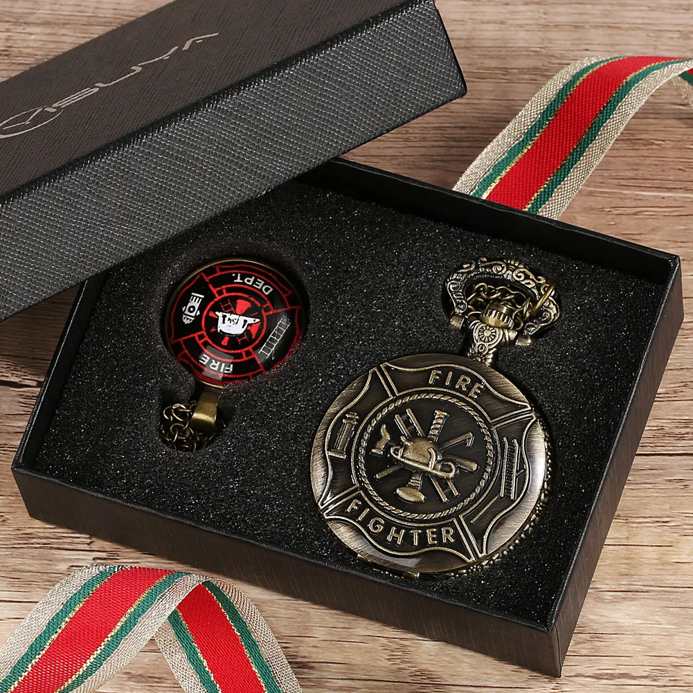 Pocket Watch Sets for Men Fire Logo Engraving Pattern Souvenir Gift for Men Bronze Vintage Pocket Watch with Necklace Pedent