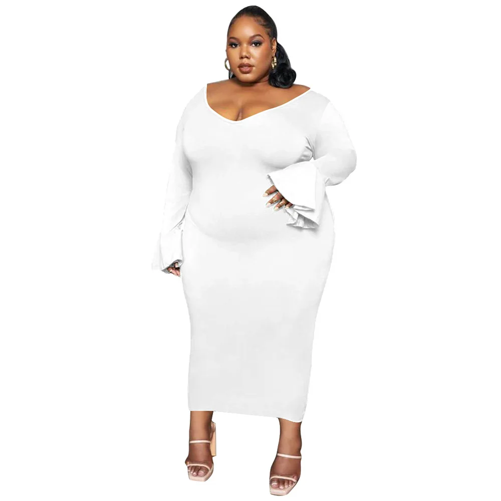 Plus Size Solid Sexy Bodycon Dress For Women Autumn V Neck Flare Sleeve Skinny Lady Vestidos Night Club Party Robes Female Wear