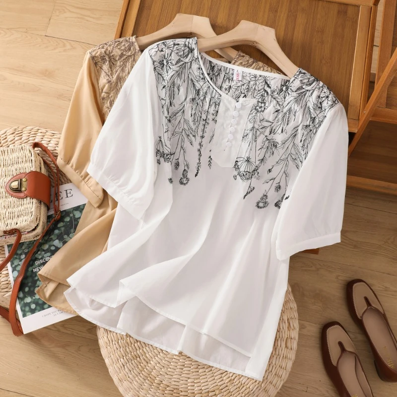 

YCMYUNYAN Chinese Style Women's Blouses New O-neck Vintage Clothing Loose Long Sleeves Top Summer Cotton Linen Embroidery Shirts