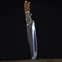 longquan kitchen knife 8 3 inch handmade 7cr17mov steel cleaver barbecue hunting knife with holster copper fish decor handle