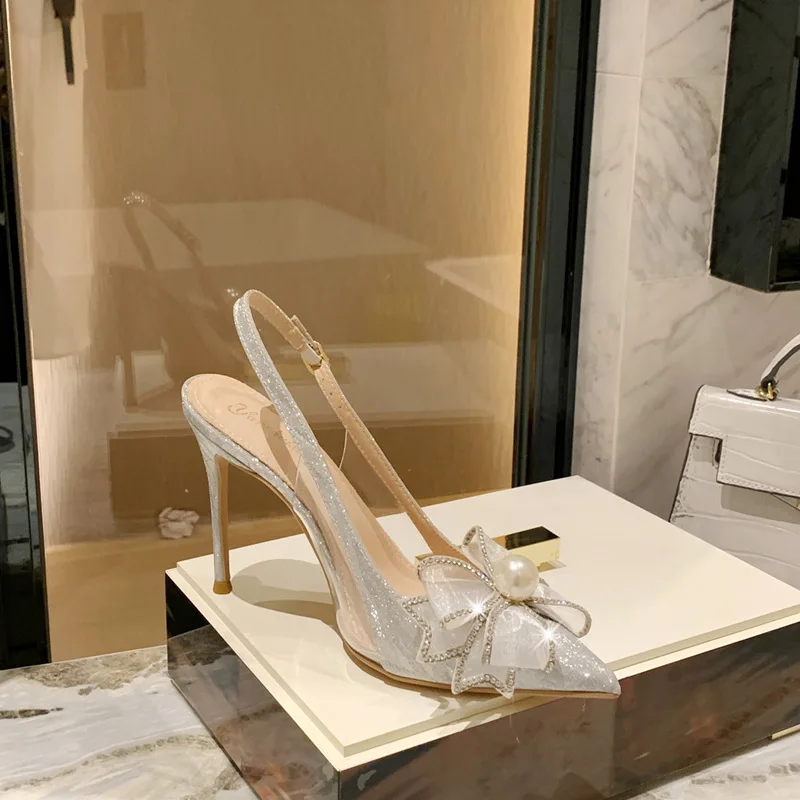 

New Women Fashion Sandals Sequins Pointed Toe with Pearl Bow 6cm High Heels Ankle Wrap Silver Wedding Shoes