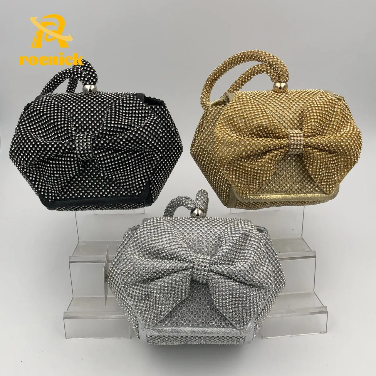 

ROENICK Women Banquet Diamonds Clutch Party Club Bow Rhinestone Beaded Totes Luxury Designer Evening Handbags Mini Minaudiere