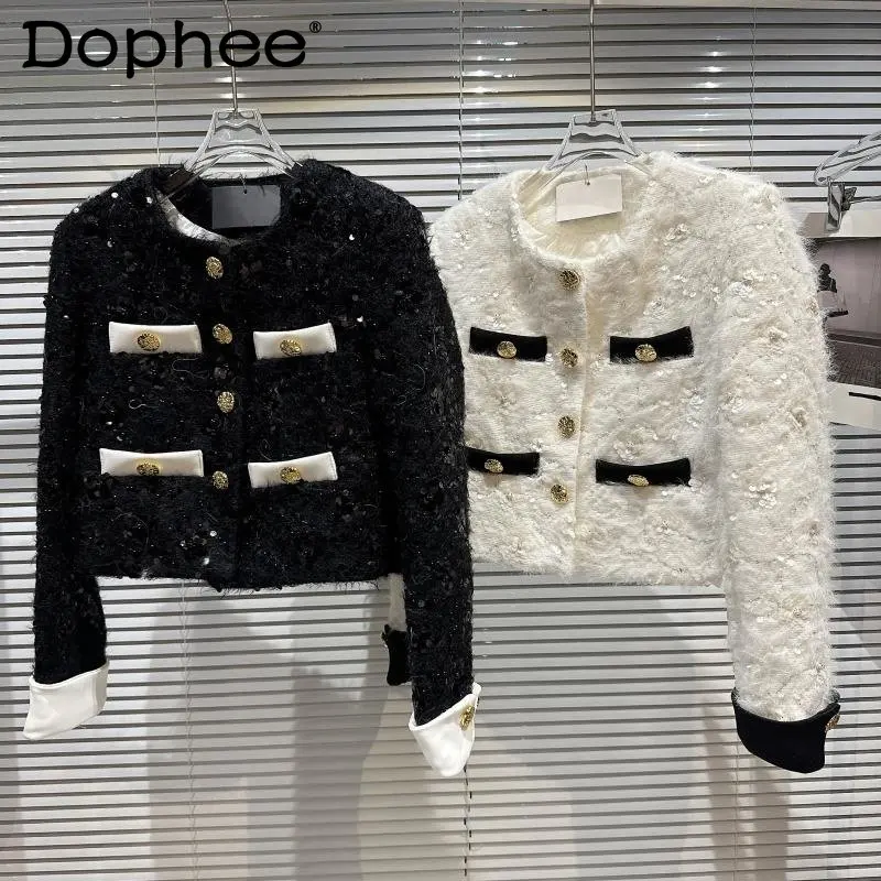 2022 Winter Long Sleeve Round Neck Metal Buttons Sequins Tweed Jacket White Duck Down Liner Short Coat Women