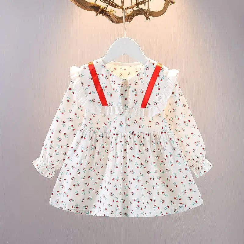 

Casual Scattered Small Flower Sand Plants of Design Kids Clothes Girls Doll Collar Patchwork Ruffles Long Sleeve A-line Dress