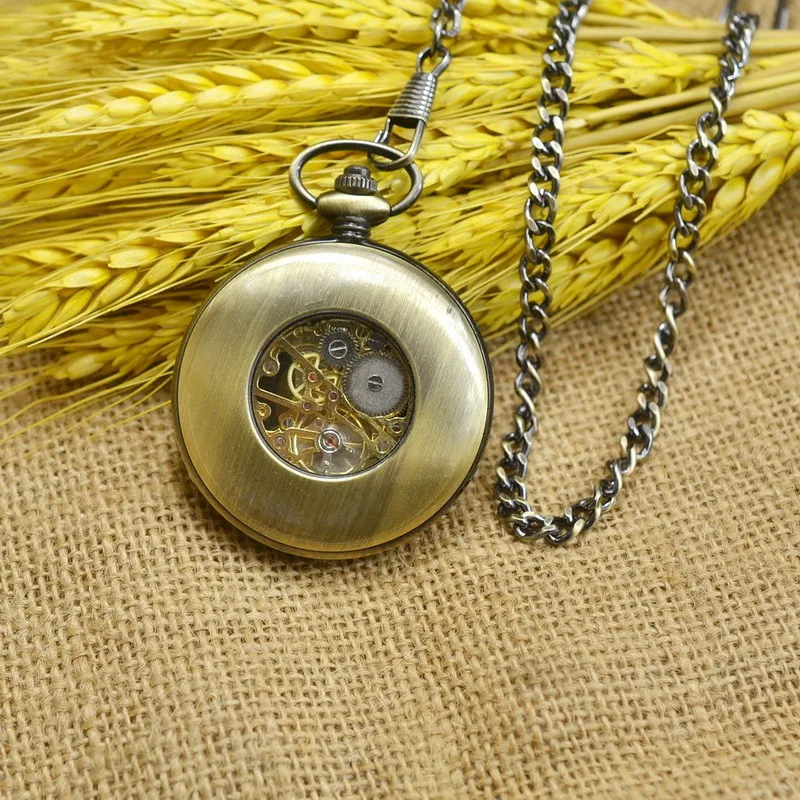 Luxury Vintage Mechanical Pocket Watch for Men Women Wood Grain Wave Roman Numeral Dial Fob Chain Pendant Clock for Collection