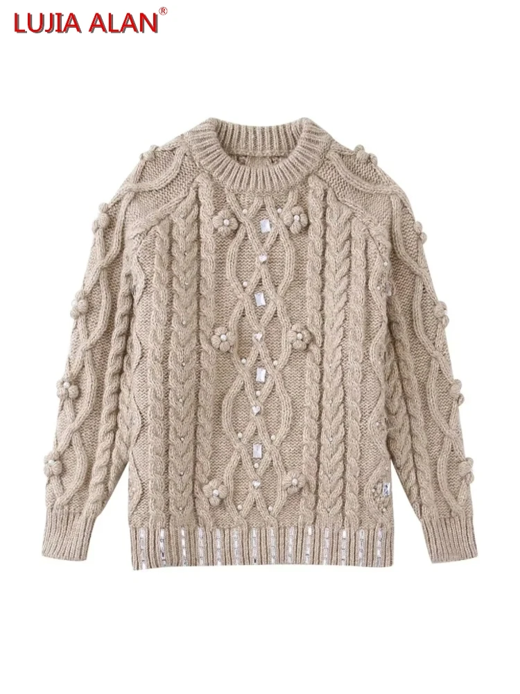 

New Women Beaded Decoration Crochet Knitted Sweater Hot Sale Casual O-Neck Raglan Sleeve Loose Tops LUJIA ALAN SW2083